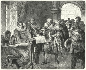 Den hellige romerske kejser Rudolf II giver bøhmiske protestanter større religionsfrihed i sit majestætsbrev af German School