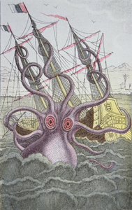 Kraken trækker et skib ned (farvet indgravering) af German School