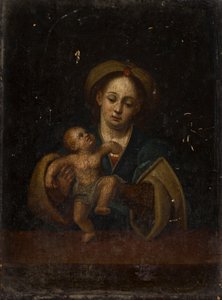 Madonnaen og barnet (olie på egetræspanel) af German School