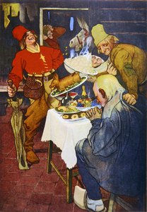 Det magiske bord og det gyldne æsel, illustration af et eventyr af brødrene Grimm af German School