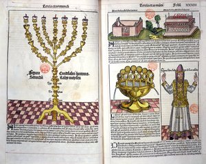 Menoraen og en hebraisk præst, fra Nürnberg-krøniken af Hartmann Schedel (1440-1514) 1493 (farvetræsnit) af German School
