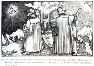 The Planetary Systems, fra The Consolation of Philosophy af Boethius, udgivet i 1537, illustration fra Science and Literature in The Middle Ages and Renaissance, skrevet og indgraveret af Paul Lacr af German School