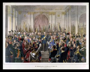 Proklamationen af Wilhelm som kejser af det nye tyske rige i spejlsalen i Versailles den 18. januar 1871, 1871 (farvestik) af German School