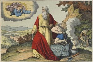Isaacs offer af Abraham, illustration fra LANcien Testamente, udgivet af Jakob Ferdinand Schreiber, Esslingen (farvestik) af German School