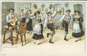 Schuhplattler-dansen (farve litho) af German School