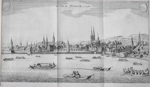 Byen Zürich, Schweiz, fra bind II af Itinera Alpina af Johann Jacob Scheuchzeri, udgivet 1706 af German School