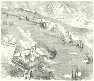Unionens flåde angriber Fort Jackson og Fort St Philip, Louisiana, amerikansk borgerkrig, 1862 af German School