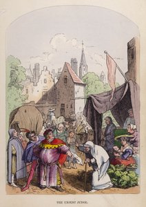 Den uretfærdige dommer (farve litho) af German School