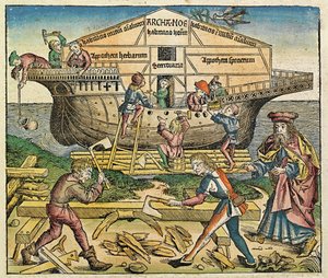 Bygningen af Noahs Ark, offentliggjort i Nürnberg Chronicle, 1493 af German School