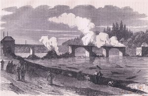 Forsvaret af Paris-brændende broen over Asnieres, Cassells historie om krigen mellem Frankrig og Tyskland udgivet af Cassell and Company Limited, ca. 1890 (litho) af German School