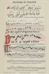Udviklingen af musikalsk notation (farve litho) af German School
