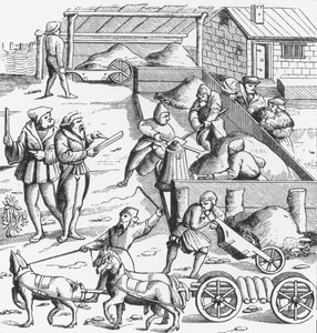 Udvinding af metaller, efter et træsnit i Cosmographie Universelle of Munster, udgivet 1552 af German School