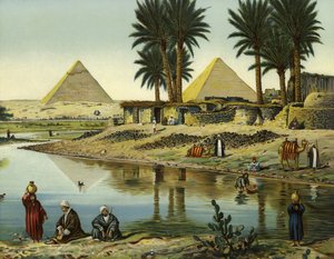 Pyramiderne i Gizeh (chromolitho) af German School