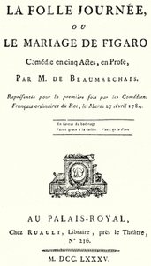 Titelbladet fra skuespillet Figaros bryllup af Pierre Beaumarchais, første gang opført i 1784 (stik) af German School