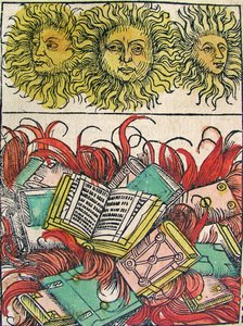 "Three Suns and Book Burning", udgivet i Nürnberg Chronicle, 1493 af German School