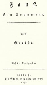 Titelblad fra første udgave af Faust, af Johann Wolfgang Von Goethe (stik) af German School