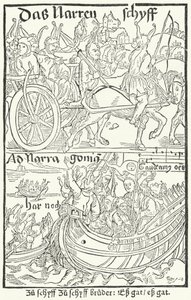Titelblad fra den første udgave af Sebastian Brants Fools Ship, trykt af Johann Bergmann von Olpe i Basel i 1491 (gravering) af German School