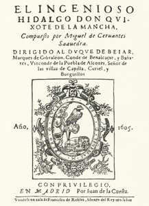 Titelside fra den første udgave af romanen Don Quixote, af Miguel de Cervantes (gravering) af German School