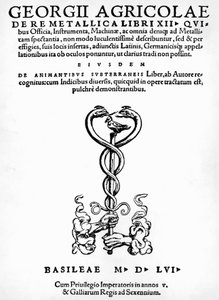 Titelside til De re metallica (Om metallers natur), af Georg Pawer eller Georgius Agricola (1494-1555), udgivet i Basel af German School