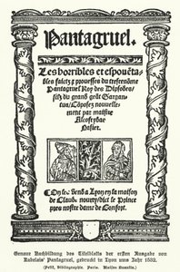 Titelside af den første udgave af Pantagruel, af den franske forfatter Francois Rabelais, trykt i Lyon i 1532 (litho) af German School