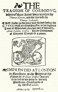 Titelside af den første udgave af The Tragedie of Gorboduc (1565), af Thomas Norton og Thomas Sackville (gravering) af German School