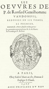 Titelside af første bind af den sjældne og meget populære anden udgave af Pierre de Ronsards værker, udgivet i seks bind af digteren selv (gravering) af German School