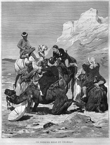 Turister på kameler tilbage, fra LEgypte af Georg Moritz Ebers (1837-98), 1881 (bw gravering) af German School