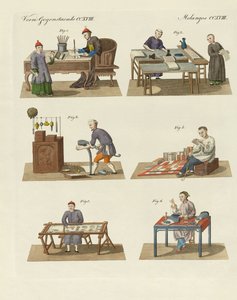 Handel, kunst og håndværk i Kina (farvet gravering) af German School