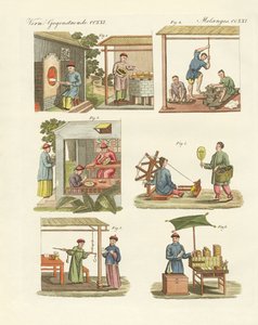 Handel, kunst og håndværk i Kina (farvet gravering) af German School