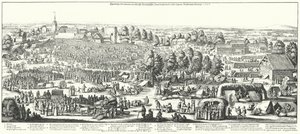 Rejsende, der besøger de helbredende kilder i landsbyen Hornhausen, 1646 (gravering) af German School