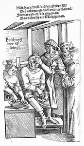 Behandling af en patient (træsnit) (bw foto) af German School