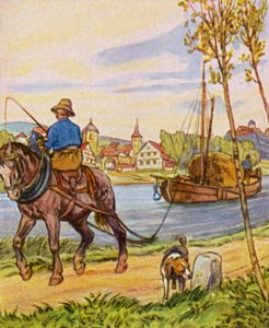 Treidelschiff / bugserbåd (farvelitografi) af German School