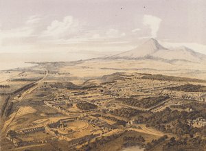 Udsigt over Pompeji, Campania, Italien (farvelitografi) af German School