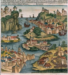 Udsigt over Bosporus, der kommer ind fra Sortehavet, fra Nürnberg-krøniken af Hartmann Schedel (1440-1514) 1493 (træblok) af German School