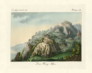 Udsigt over Athos-bjerget (farvet gravering) af German School