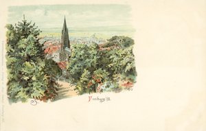 Udsigt over byen Freiburg, Tyskland, med dens katedral (chromolitho) af German School