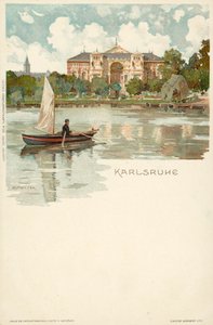 Udsigt over byen Karlsruhe i Tyskland (chromolitho) af German School