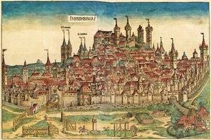 Udsigt over byen Nürnberga, offentliggjort i Nürnberg Chronicle, 1493 af German School
