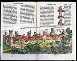 Udsigt over byen Köln, fra Nürnbergkrøniken af Hartmann Schedel, 1493 (træstik i farver) af German School