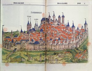 Udsigt over byen Nürnberg, fra Nürnberg-krøniken af Hartmann Schedel (1440-1514) 1493 (farvetræsnit) af German School