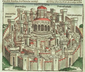 Udsigt over den befæstede by Jerusalem, der viser Salomons tempel og byportene, fra Nürnberg-krøniken af Hartmann Schedel (1440-1514) 1493 af German School