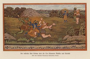 Vishnu dræber dæmonerne Madhu og Kaitaba (farvelitografi) af German School