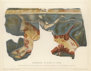 Vægmaleri fra det mykenske palads i Tiryns, Grækenland, udgravet af den tyske arkæolog Heinrich Schliemann (farve litho) af German School