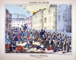 Krig i 1870: Erobringen af Wissembourg (slaget ved Weissenburg) mellem soldaterne fra den preussiske hær og franskmændene den 4. august af German School