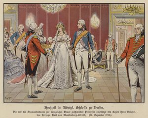 Bryllup af kronprins Frederik William af Preussen og prinsesse Louise af Mecklenburg-Strelitz i det kongelige palads, Berlin, 24. december 1793 (farve litho) af German School