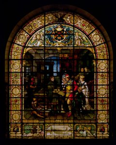William Caxton viser sin første trykte bog til Edward IV og hans kone, Elizabeth Woodville i 1477, af Mayer og Co., München-baseret firma aktiv i London, ca. 1880 (mosaikvindue)