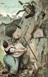 Kvinde fanger mand, der falder fra bjerg (farve litho) af German School