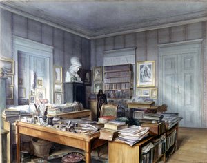 Wilhelm Grimms (1786 -1859) arbejdsværelse i Berlin, Linkstrasse 7. Stik af hr. Hoffmann. Nationalmuseum, Nürnberg. 1860. af German School