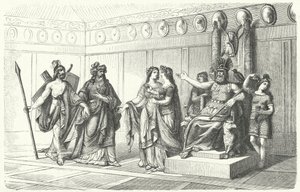 Wotan modtager musikerne introduceret af Bragi, guden for poesi og sang (gravering) af German School
