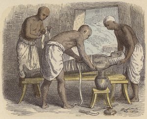 Indpakning af en mumie i det gamle Egypten (farvet indgravering) af German School